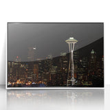 Acrylic print of Seattle skyline in muted gray, ideal for modern art wall decor in a nursery.