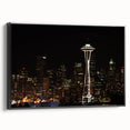 Black and white wall art of Seattle landscape on framed canvas, suitable for bedroom decor.