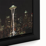 Framed canvas featuring a textured depiction of the Seattle skyline in black with colorful accents.