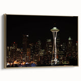 Framed canvas of Seattle skyline in black and gold tones, suitable as wall art for bedroom.