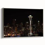 Framed canvas of a vintage Seattle skyline in muted black and colorful hues, ideal for office decor.