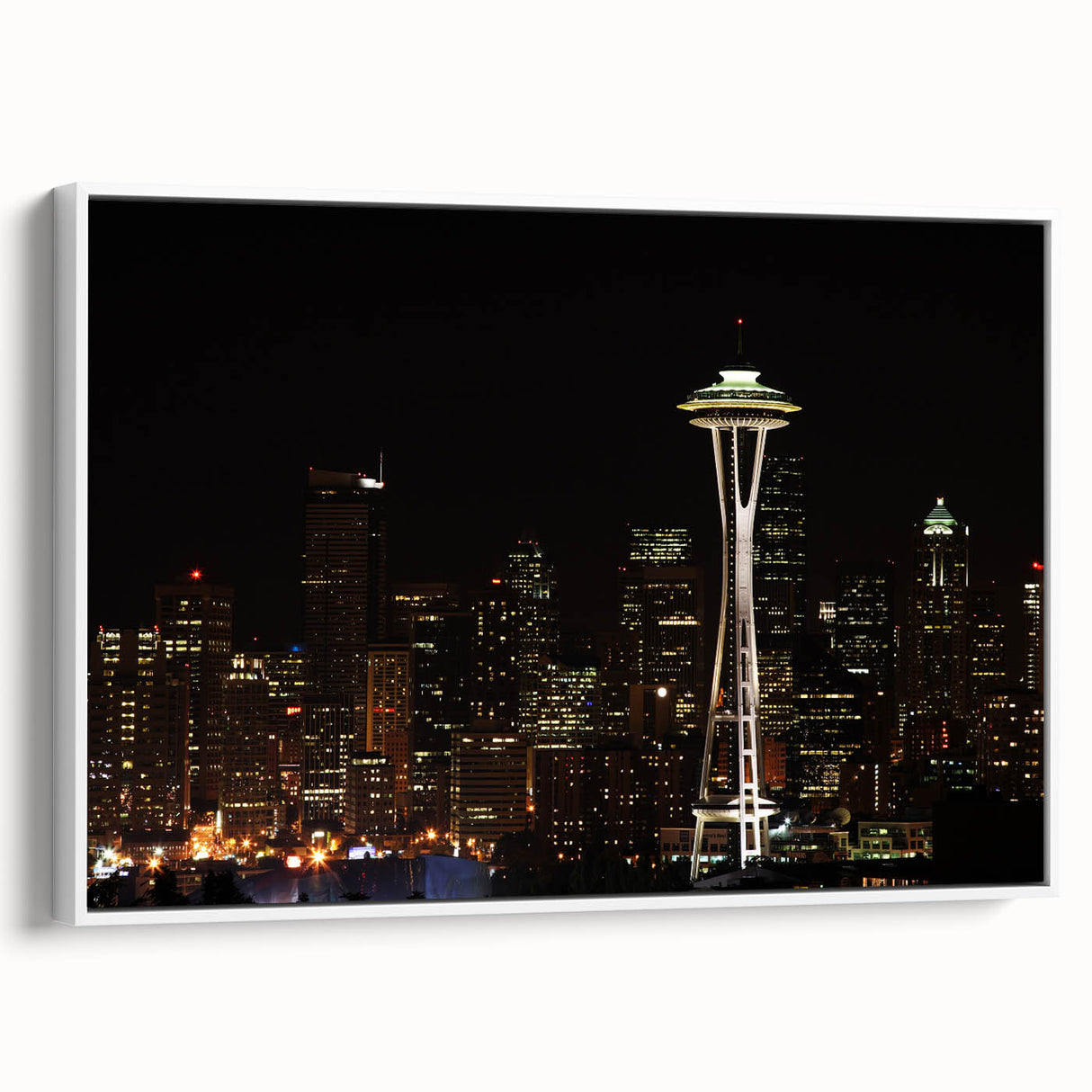 Vintage poster art of Seattle skyline in colorful hues on a framed canvas, ideal for living room decor.