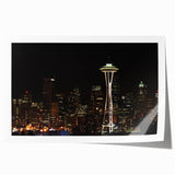Panoramic Seattle skyline in muted gray tones on a rolled canvas, suitable for art wall dining room.