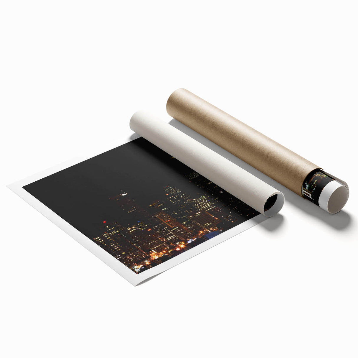 Extra large rolled print of Seattle skyline with floral accents in soft pink and green.