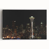 Black and white large art print of Seattle skyline on stretched canvas, suitable for kitchen wall art.