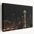 Large canvas print of Seattle skyline in muted gray and blue tones, ideal for kitchen wall art.