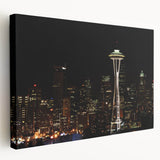 Large canvas print of Seattle skyline in muted gray and blue tones, ideal for kitchen wall art.