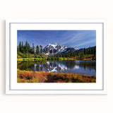 Abstract art print of Washington scenery in muted gray and blue tones on a white framed canvas.