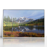 Acrylic print of Washington scenery with muted blue and white tones, framed in white, suitable for modern nursery decor.