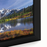 Close-up of a black framed canvas depicting a textured Washington, USA scenery in vibrant colors.