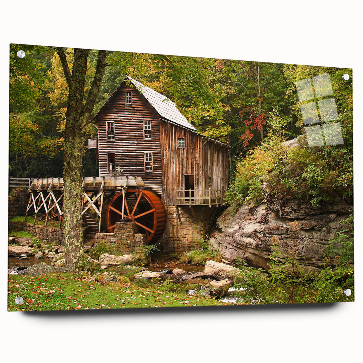 Acrylic print of a West Virginia landscape in muted green and blue tones, suitable for dining room or bedroom decor.