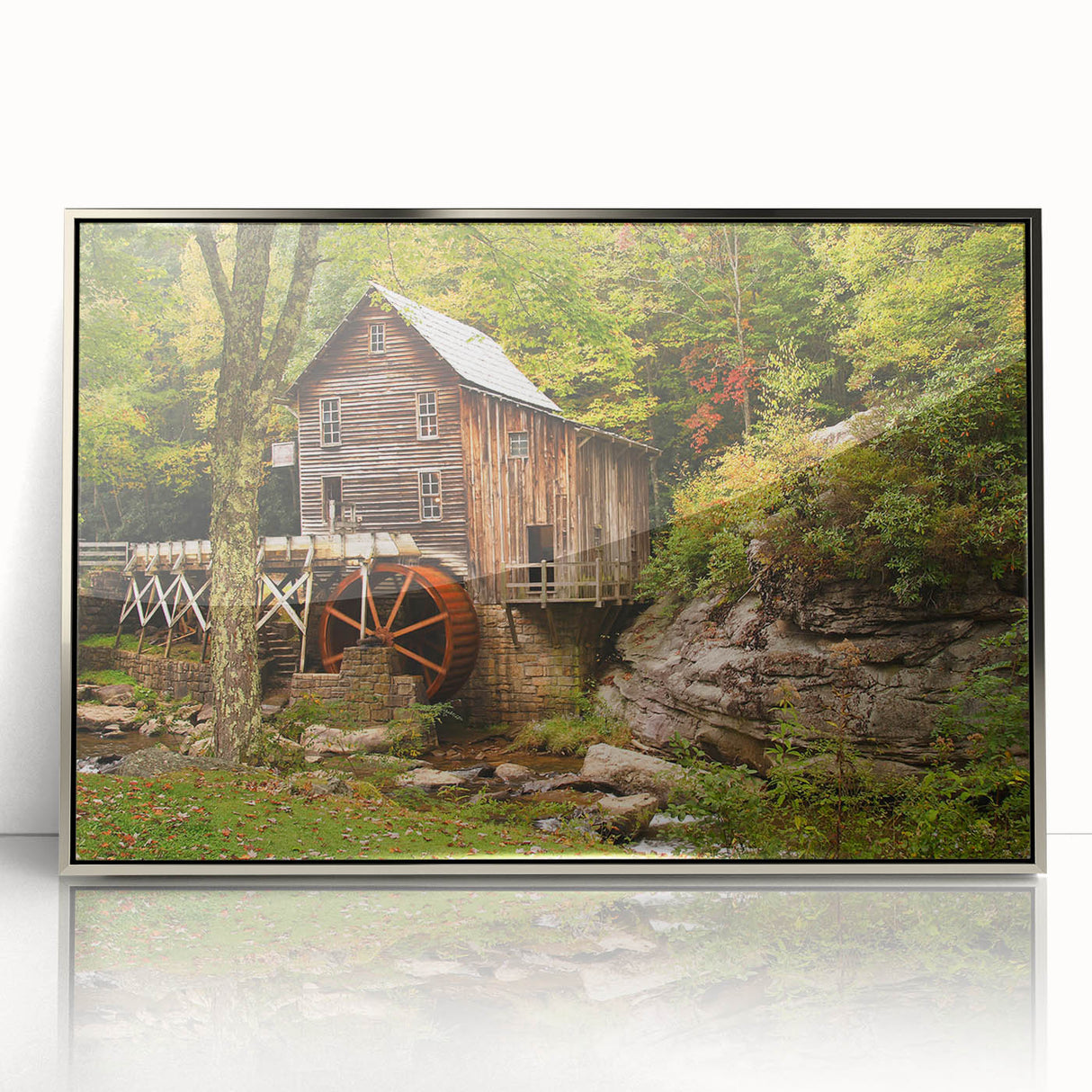 Mid-century modernist art depicting the West Virginia scenery in muted earth tones on a framed acrylic print.