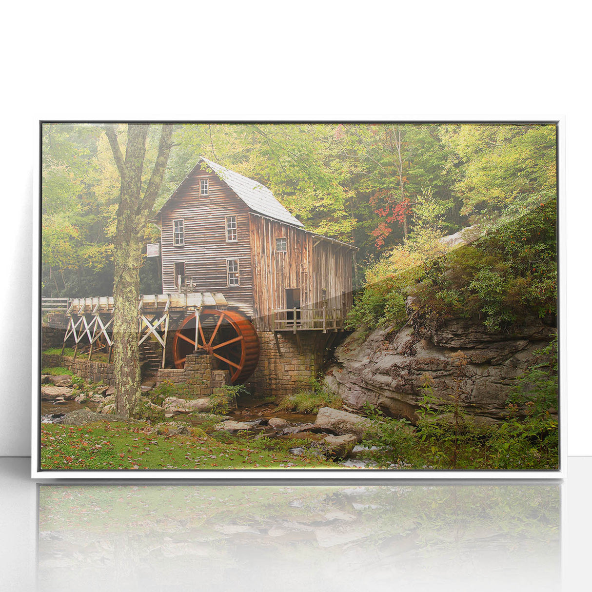 Art deco poster of West Virginia scenery in muted green and blue tones, framed acrylic, suitable for nursery wall art.