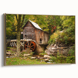 Framed canvas of a West Virginia landscape in muted gold and black tones, suitable for bedroom wall art.