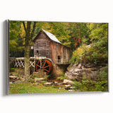 Framed canvas depicting a vintage-style West Virginia landscape with muted earth tones, ideal for living room decor.