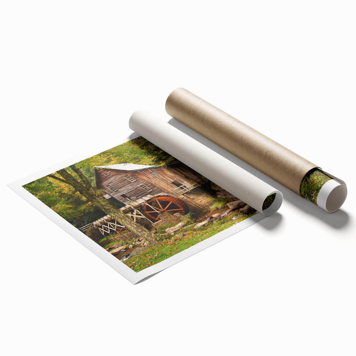Rolled print of a West Virginia landscape with vibrant green tones, suitable as large living room wall art.