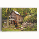 Black and white photograph of a serene West Virginia landscape on stretched canvas, ideal for kitchen wall art.