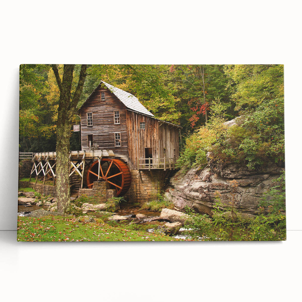 Black and white stretched canvas depicting a serene West Virginia landscape, ideal for kitchen wall art or bedroom ambiance.