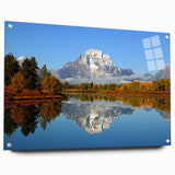 Acrylic print of the Grand Tetons under a clear sky, in muted earth tones, ideal for bedroom or dining room decor.