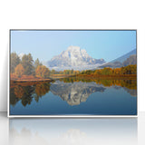 Framed acrylic print of the Grand Tetons in muted earth tones, suitable as modern art wall decor or for a nursery.