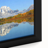 Extra large framed canvas of the Grand Tetons in Wyoming, featuring a textured, black and colorful art style.