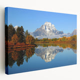 Grand Tetons landscape on a stretched canvas, featuring muted earth tones, ideal for kitchen wall art.