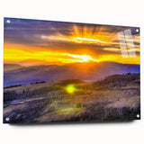 Acrylic print of Yellowstone scenery with vivid green and blue tones, suitable for dining room decor.