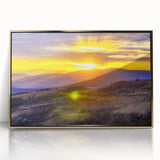 Large art print of Yellowstone scenery in Wyoming on framed acrylic, featuring mid-century modernist style with golden hues.