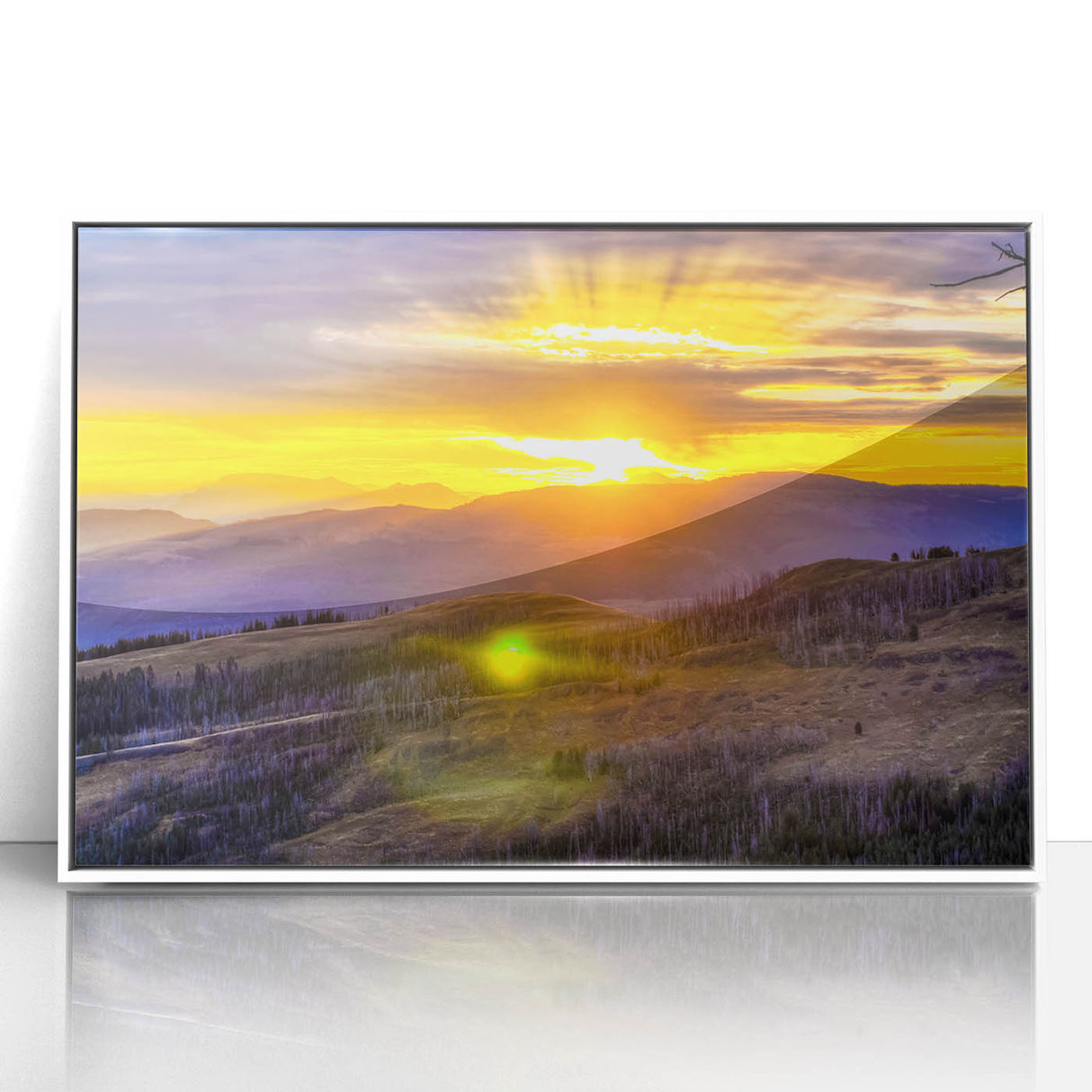 Acrylic print of Yellowstone scenery with vibrant green and blue tones, framed in white, suitable for modern nursery decor.