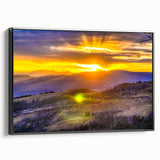 Framed canvas wall art depicting a vintage-style Yellowstone landscape, with muted earth tones, ideal for bedroom decor.