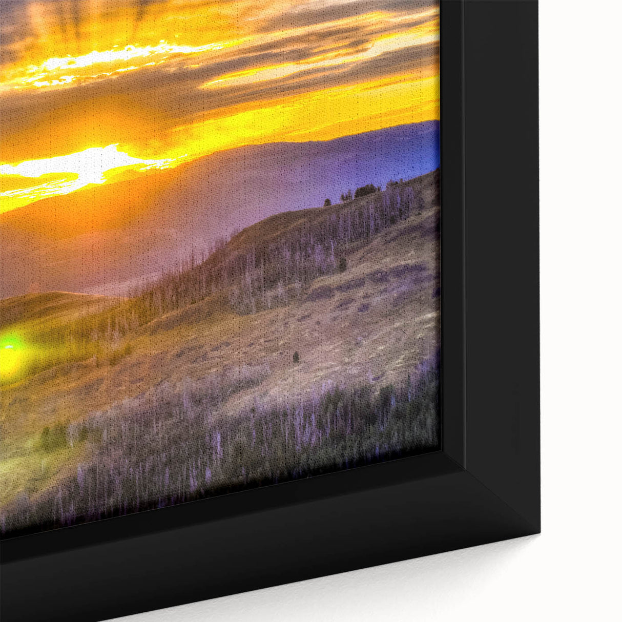 Extra large framed canvas featuring a textured depiction of Yellowstone with a black and colorful art palette.