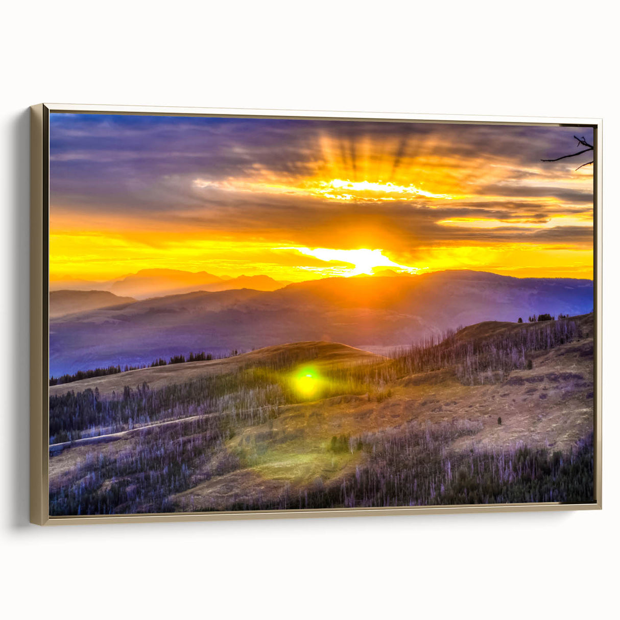 Black and white framed canvas of Yellowstone landscape in vintage poster style, ideal for bedroom wall art.