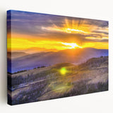 Yellowstone scenic landscape on large stretched canvas, featuring earthy green and blue tones, suitable for kitchen wall art.