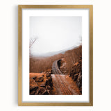 Extra large abstract art print featuring autumnal colors and textures on a gold-framed canvas, ideal for living room decor.