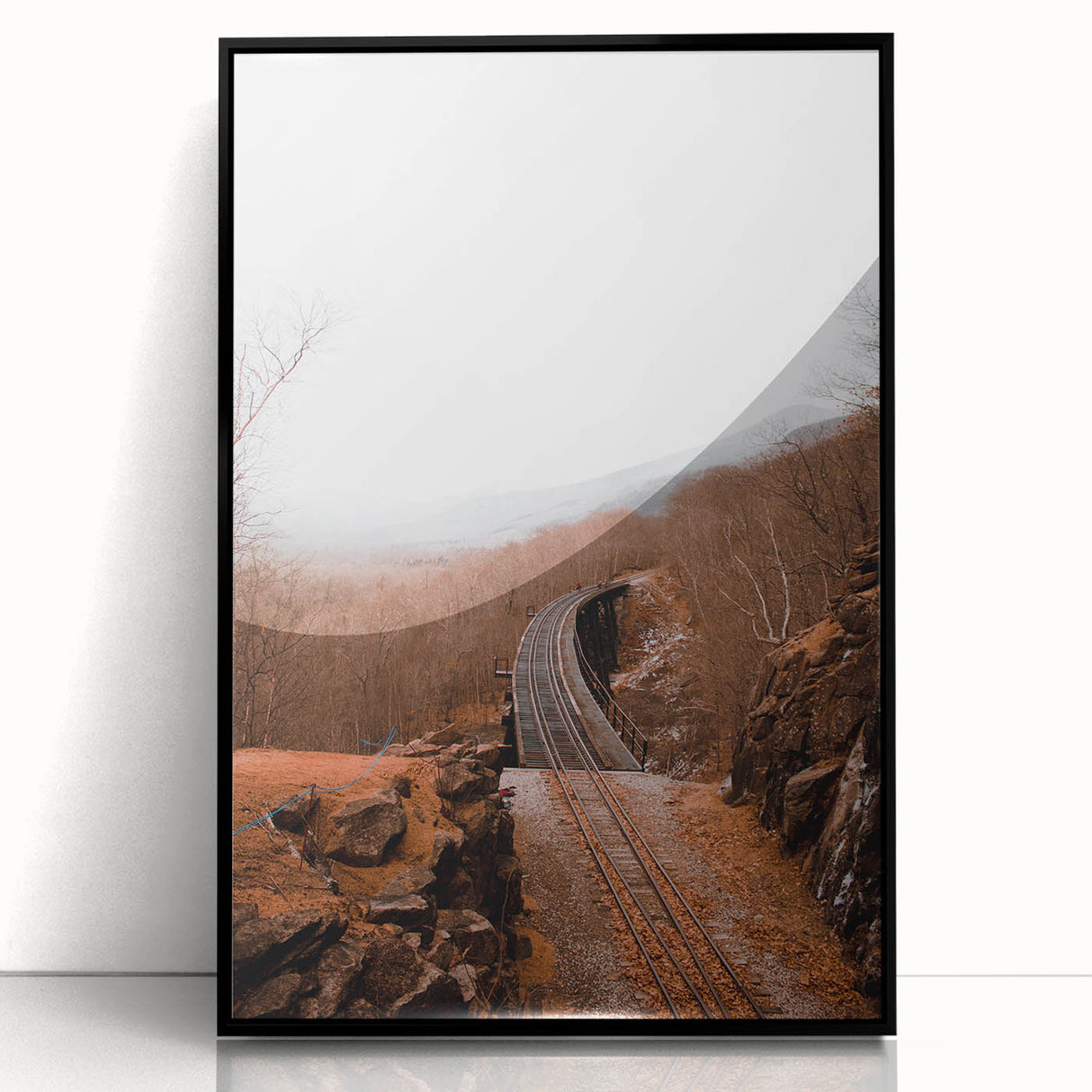 Large abstract wall art featuring autumnal hues in a mid-century modernist style, framed in black acrylic.