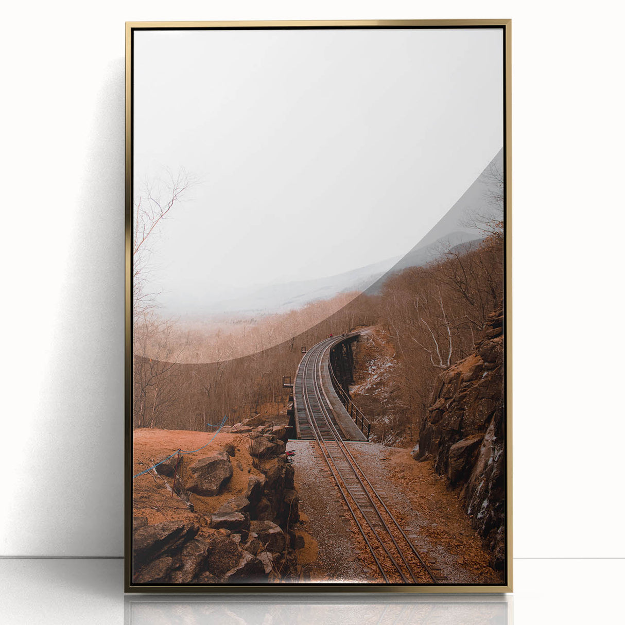 Mid-century modernist fall scene in vibrant orange and gold tones on a framed acrylic, ideal for modern art wall decor.