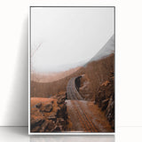 Art deco poster of autumn trees in gold and orange tones on a white acrylic framed print, suitable for modern nursery decor.