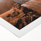 Art deco poster featuring a stylized autumn landscape in warm orange and brown tones, printed on rolled canvas.