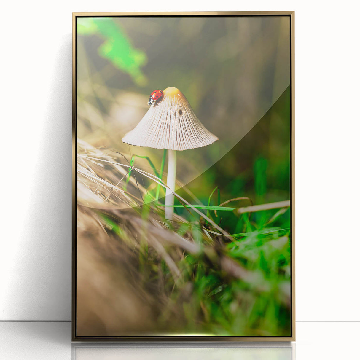 Large art print of a spring scene in mid-century modernist style, featuring pastel colors on acrylic in a gold frame.