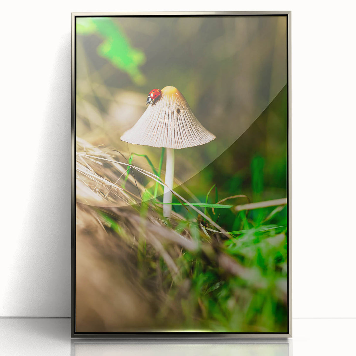 Mid-century modernist art depicting spring, with pastel colors on a silver-framed acrylic, suitable for nursery wall decor.