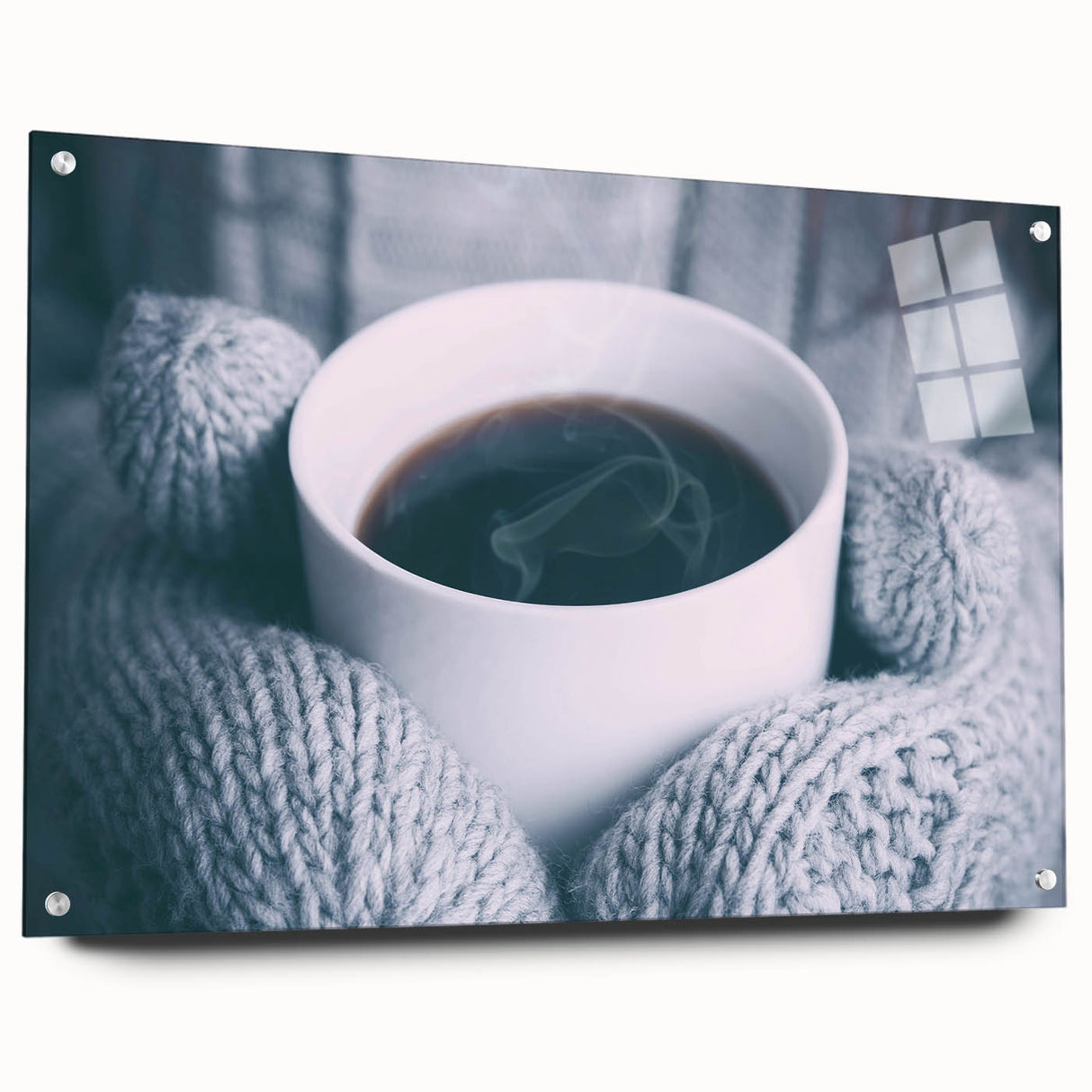 Winter-themed acrylic print with muted blue and white tones, depicting a snowy landscape.