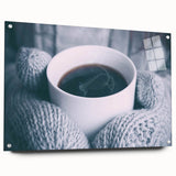 Winter-themed acrylic print with muted blue and white tones, depicting a snowy landscape.