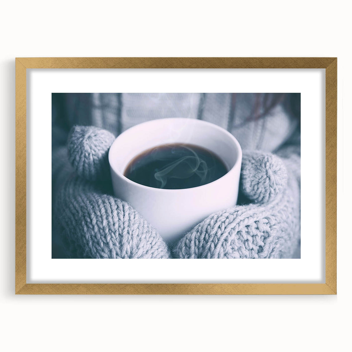 Extra large abstract art print with textured strokes in cool blue and white hues, framed in gold.