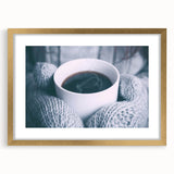 Extra large abstract art print with textured strokes in cool blue and white hues, framed in gold.