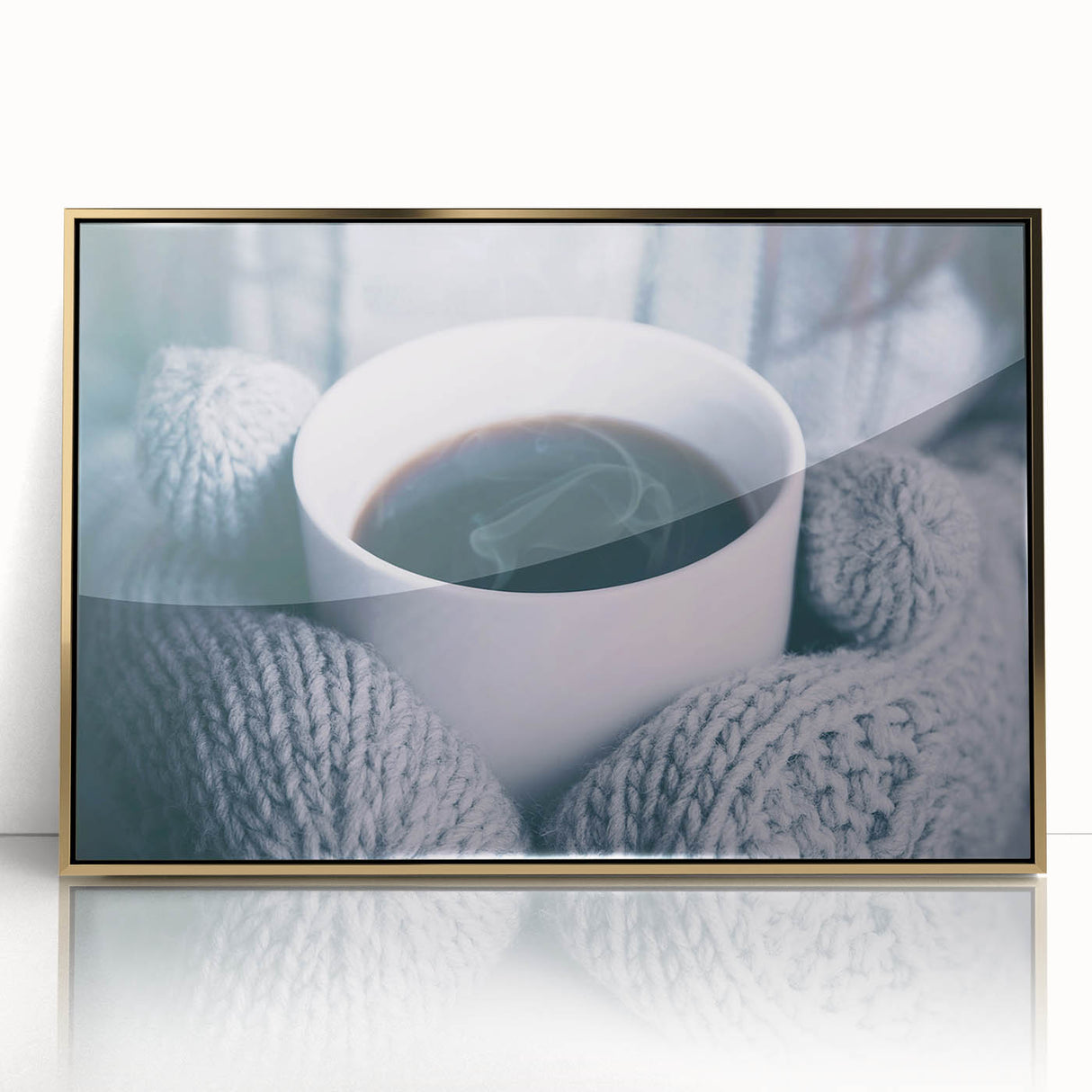 Large art print of a winter scene in mid-century modernist style, framed in gold acrylic, ideal for nursery wall decor.