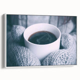 Vintage poster art of a winter scene on framed canvas, featuring a snowy landscape in muted blue and white tones.