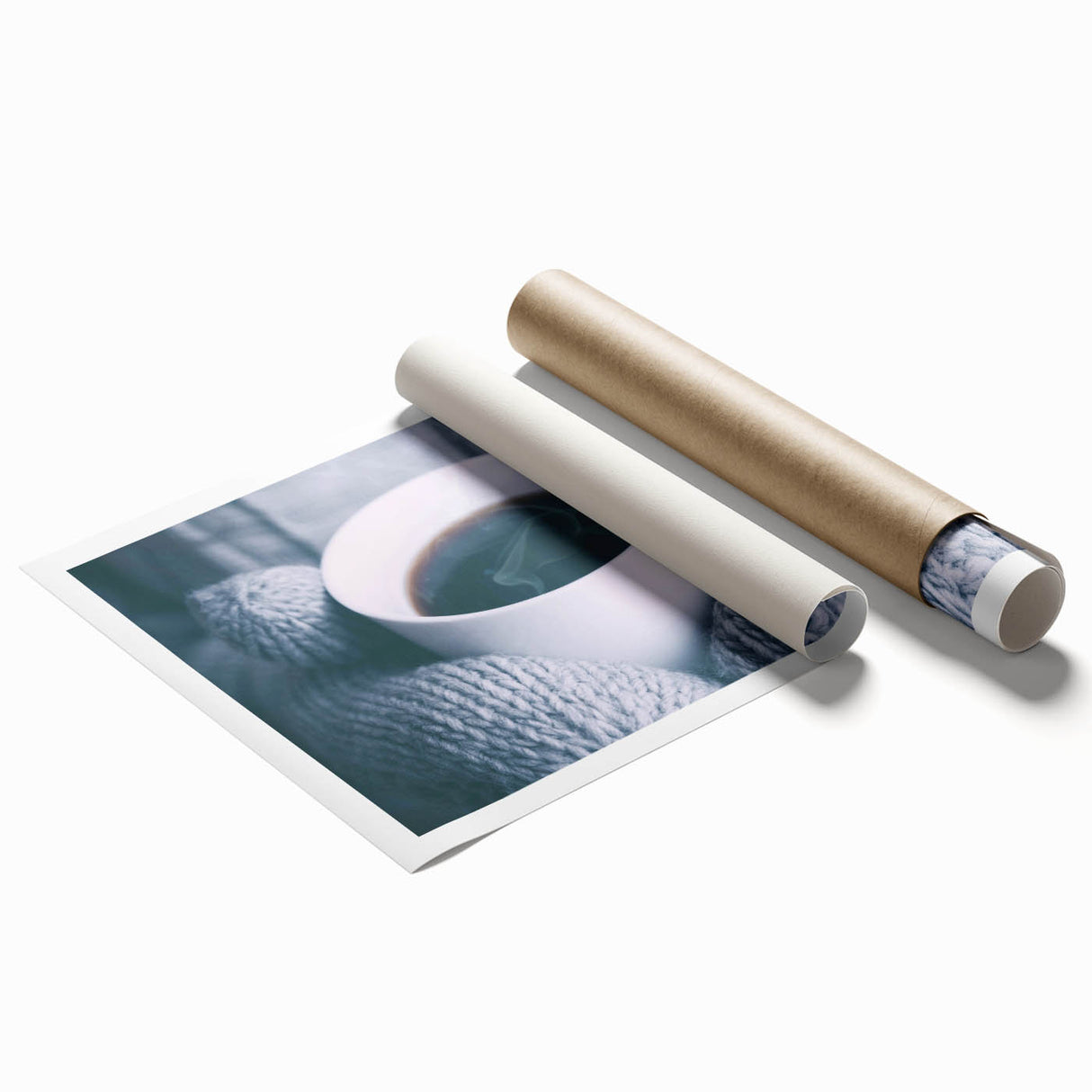 Winter-themed floral art on rolled print, featuring muted blue and white tones, suitable for classy bathroom wall art.