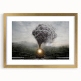 Extra large abstract art print featuring textured vehicles and transportation motifs in muted gold, framed with mat.