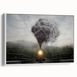 Vintage poster art of colorful vehicles on a black background, framed canvas, ideal for living room decor.