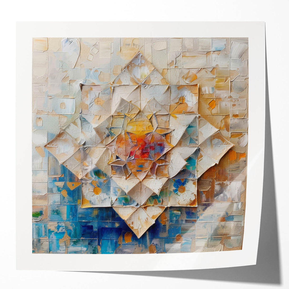 Abstract geometric wall art print mockup set showcasing glossy finish, vibrant color patterns, and unique shapes, ideal for contemporary decor displays.
